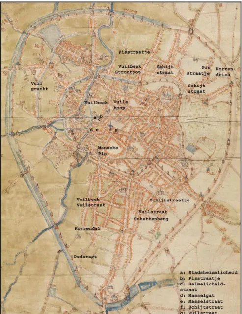 Fig. 2 : Localisation des « toponymes du sale » sur la carte de Jacques de Deventer  du milieu du 16 e  siècle (   Bibliothèque royale de Belgique)