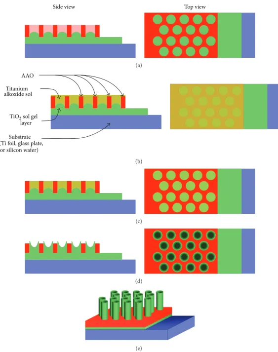 Figure 1: Schematic procedure for preparation of TiO 2 nanotanks embedded in a nanoporous alumina template: (a) the AAO template with both sides opened is lifted to the wet inorganic TiO 2 coating