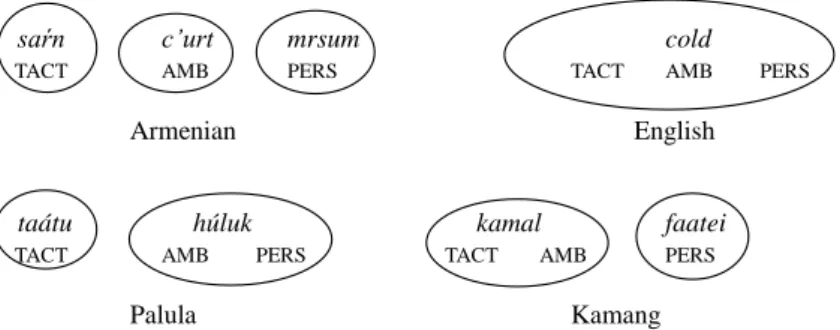 Fig. 4: ‘Cold’ in Armenian, English, Palula and Kamang   