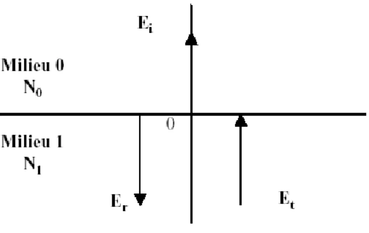 Figure 2.8 : Réflexion et transmission d’une onde plane à l’interface  de deux milieux (du milieu d’indice  n 1   vers un milieu d’indice n 0 )