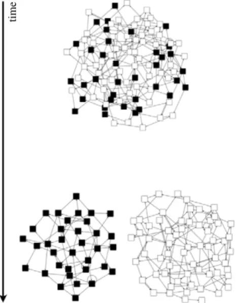 Fig. 3. Visualisation of the initial and final states of one realisation of the dynamics for a network made of N = 100 nodes