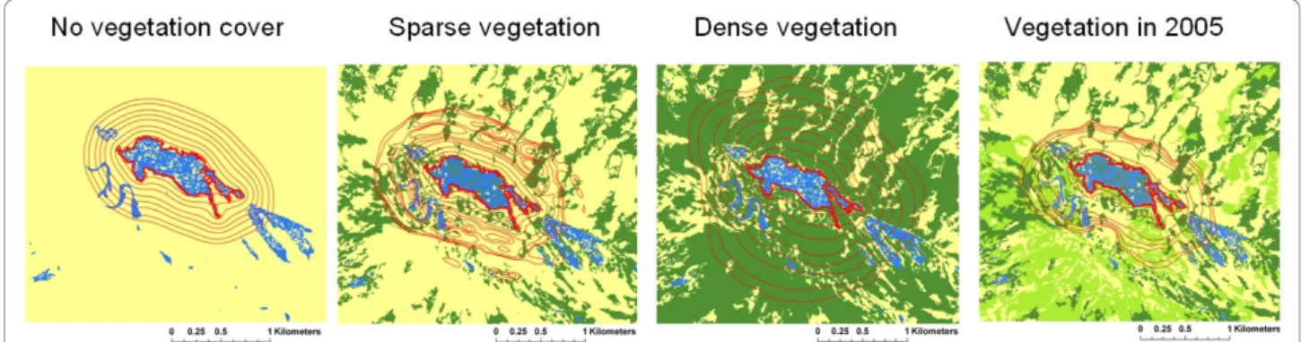 Figure 3 Spread of the mosquito Culex poicilipes around a breeding site in different hypothetical landscapes in the semi-arid region of the Ferlo, Senegal, based on model simulations
