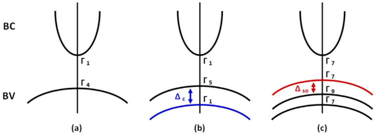 Figure 1.8 – Structure de bande idéale pour ZnO au centre Γ de la zone de Brillouin : (a) modèle cubique, (b) avec le champ cristallin ∆ c et (c) avec le couplage spin-orbite ∆ so