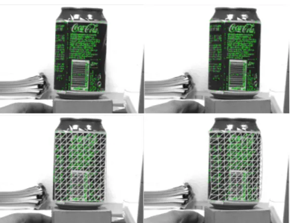 Figure 1: Spline deformation after a small rotation of the can. Top : interest points matched using SIFT representation - bottom : estimated mesh deformation.