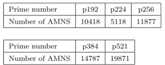 Table 3: A lower bound on the number of distinct AMNS for some prime integers, using a timer of 30 minutes for nth-root computation.