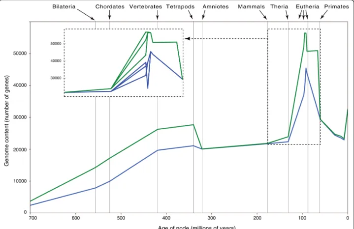 Figure 6 Mapping of genome content using tree reconciliation performed by us (green) and ENSEMBL (blue)