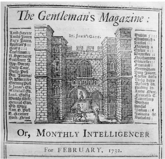 Figure 1  Close-up of the engraving featured on title pages of the Gentleman’s  Magazine (this version from February 1732)