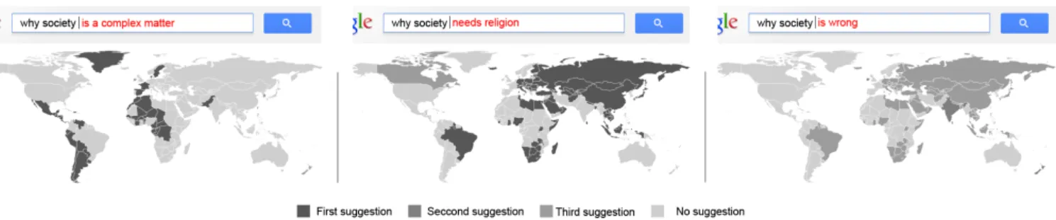 Figure 1. The three most popular suggestions on Google Search for the query “Why society” represented on a world map (suggestions in red).
