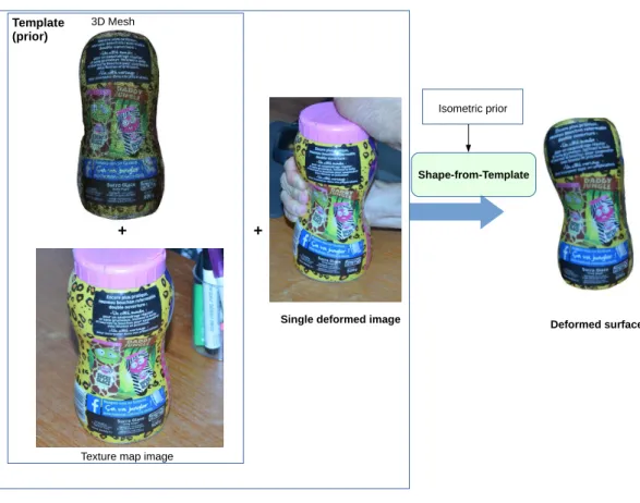Figure 1.3: The SfT problem. In this example, we describe the template as a mesh but in general, any texture- texture-mapped 3D model can be used.