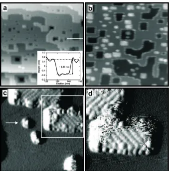 Figure 2: (a) Non-contact AFM image of the KBr(001) surface after electron irradiation (frame edge: 150 nm, ∆f = − 10 Hz)