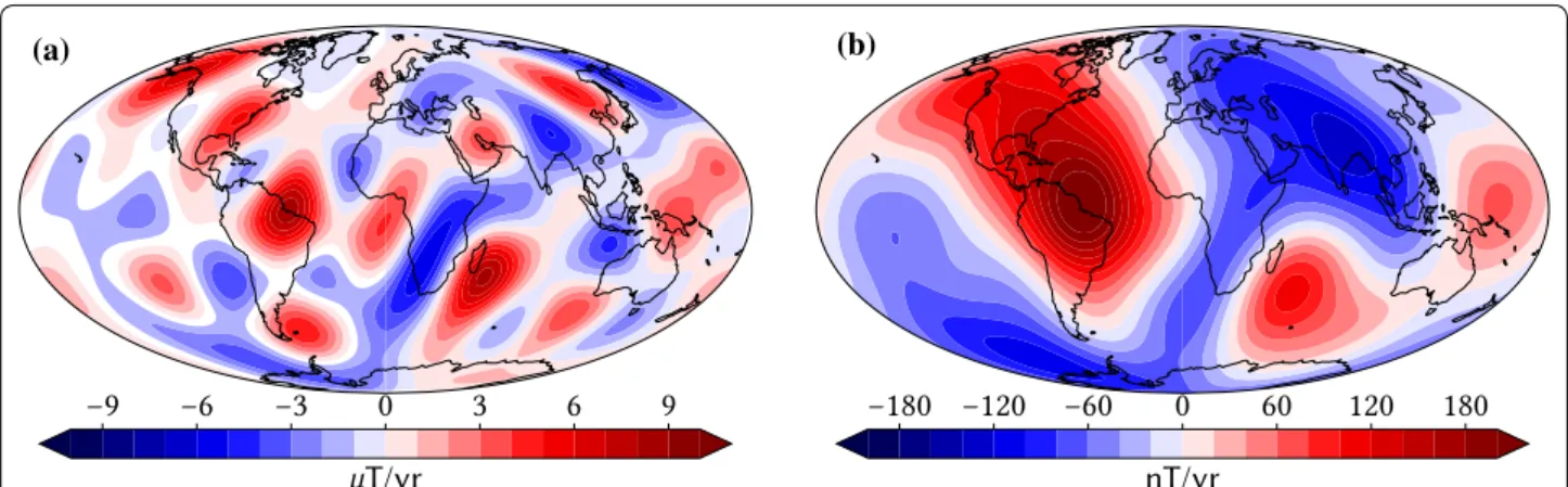 Fig. 5  Radial secular variation of the candidate model (truncated at spherical harmonic degree 8), shown at the core surface (a) and at Earth’s  surface (b)