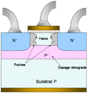 Fig. 1.6: Architecture d’un MOSFET à dopage rétrograde et halos.