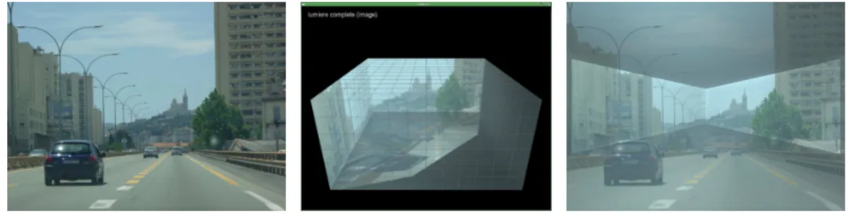 Figure 1: Gauche : image à projeter. Milieu : simulation de la projection. Droite : image visible.