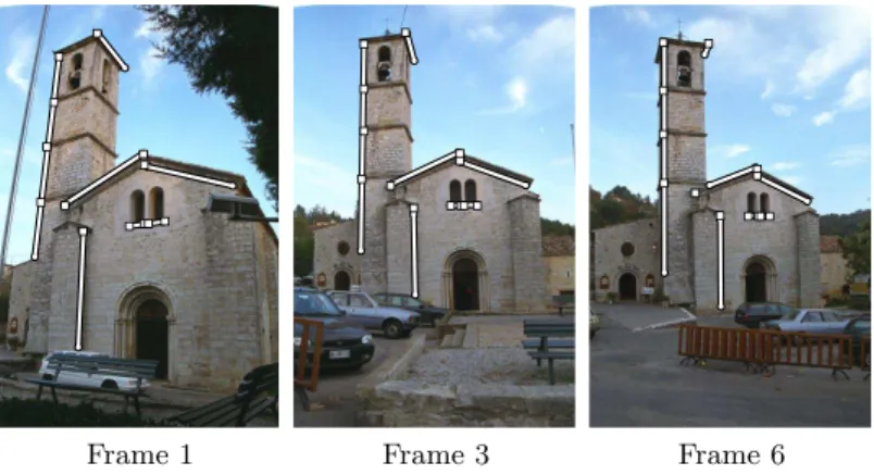 Figure 4 (a) shows lines and points reprojected from the 3D reconstruction. The