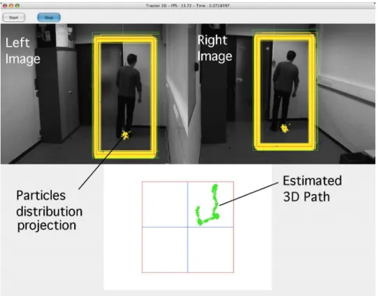 Figure 3 shows a sample execution of our pedestrian tracking application. The upper part of the figure shows the two video streams and the projection of the particles distribution