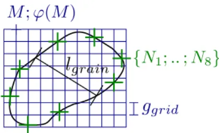 Figure 1: Ingredients of LS-DEM: a cartesian (regular, here) grid with ϕ stored at each grid vertex M , and the boundary nodes N i along a DE’s surface, satisfying ϕ(~x) = 0