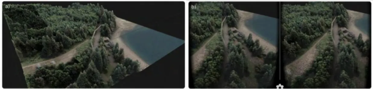Figure 1. Rendering in classic mode (a) and immersive mode (b) of an aerial LiDAR point cloud (2 million points) 