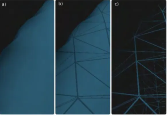 Figure 4. Close up on the rendering of mesh as smooth  surface (a), as a surface with superimposed wireframe(b) 