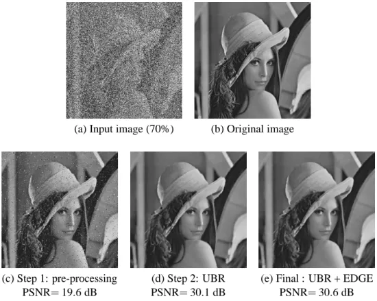 Figure 8: Salt and pepper noise removal using the algorithm UBR-EDGE for the image Lena corrupted by a noise of 70%