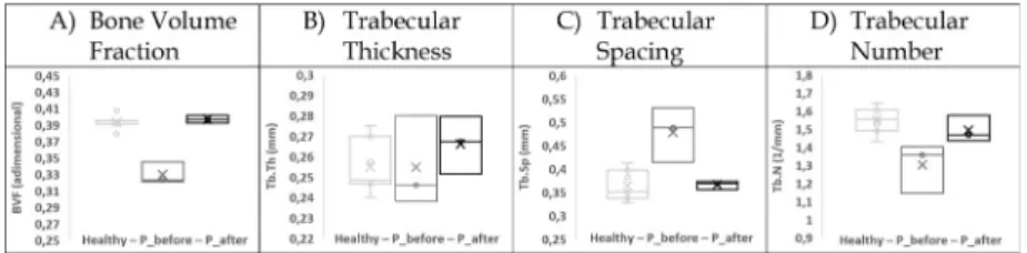 Fig 3. ROI1a extrapolated features box plot. Box plot for each extrapolated feature for the control reference (Healthy), patient before (P_before) and after (P_after) one year of anti-TNFα treatment in the trabecular region where the quadricep tendon attac