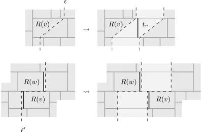 Fig. 6. Top: The modification at an inner rectangle and the positioning of the segment t v 