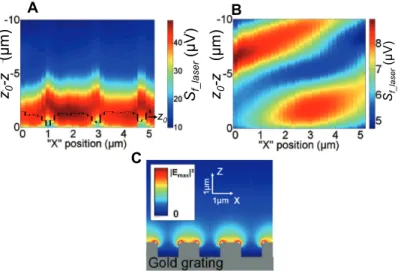 Fig. 3. (a,b) Near-field optical signal demodulated with a lock-in amplifier at the laser modulation frequency, S f laser 