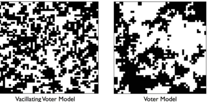 Figure 6. Snapshots of the vacillating (left) and pure (right) voter model on a 50 × 50 lattice starting with a random zero-magnetization state after 100 time steps