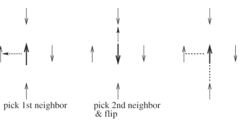Figure 1. Illustration of an update for the vacillating voter on the square lattice (left and middle)