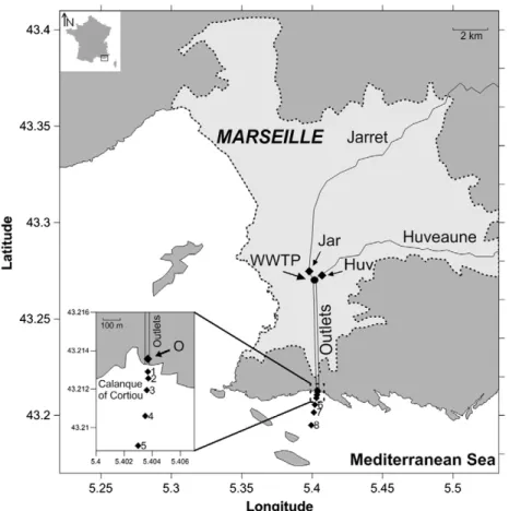 Fig. 1. Map of the studied site: the dotted area represents the urbanized zone of Marseille, (inset) position of the sampling sites, in the vicinity of the efﬂuent outlets.