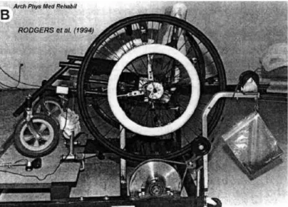 Figure 4 : Photographie d'un fauteuil sur un ergomètre à rouleau à freinage mécanique  par courroie de friction sur un volant d'inertie