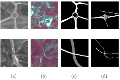 Fig. 1. SPOT5 images of cartographic objects exhibiting structures, a roundabout and a bridge (a)