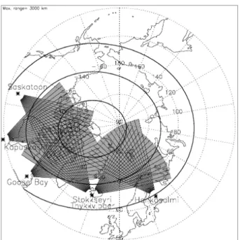Fig. 1. Location and fields of view of the SuperDARN radars used in this study. The contours in thick lines correspond to the Invariant Latitudes of 60 ◦ , 70 ◦ and 80 ◦ .