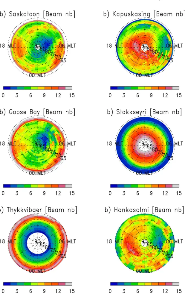 Fig. 4. Distribution of preferred beam number for each radar and each MLT-3 cell for period 2