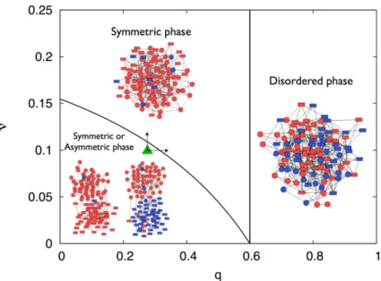Figure 4. Phase diagram of MR on CRN. Three phases may take place: (i) a disordered phase when q > 3/5; (ii) a symmetric phase when q < 3/5; (iii) an asymmetric phase when q < 3/5 and when ν < − 1 + 2 