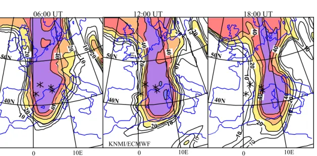 Fig. 1. ECMWF analysis on Saturday, 4 March 1995. Potential vorticity on the 300 hPa isobaric surface at 0600 UT (left), 1200 UT (center) and 1800 UT (right).