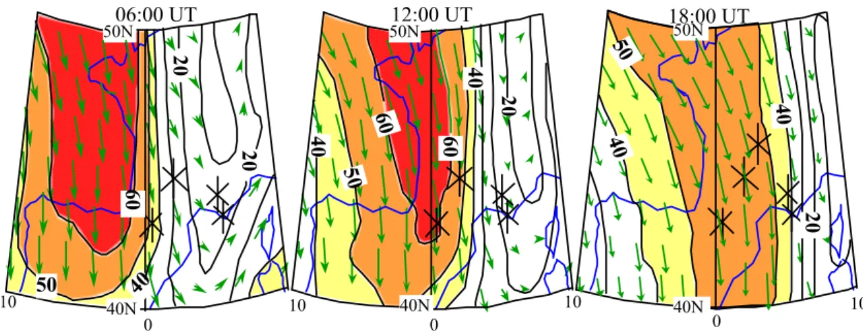 Fig. 2. ECMWF Analysis. Wind field on the 300 hPa isobaric surface, on 4 March 1995 at 0600 (left); 1200 (center) and 1800 UTC (right).