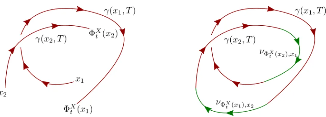 Figure 3. On the left side, two trajectories of the X flow up to time time T starting at points x 1 and x 2 