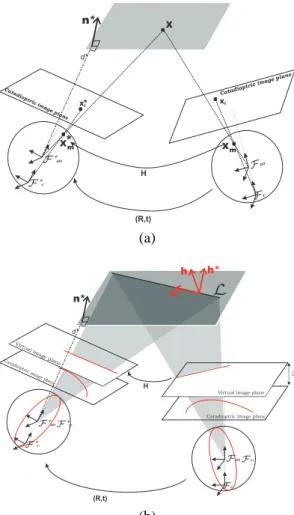 Fig. 1. Geometry of two views : (a) points, (b) lines