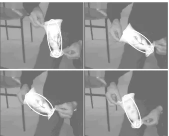 Fig. 20 { Illustration du suvi d'objet. L'ellipse repre- repre-sente la position supposee de l'objet dans l'image a  dif-ferents instants de la sequence.