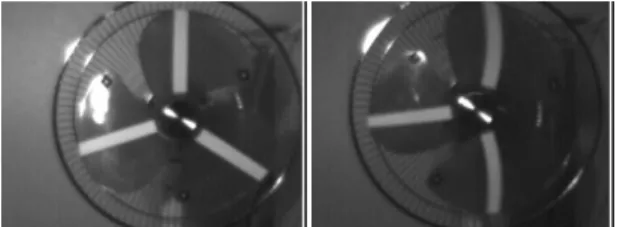 Figure 1. An example of distortion of a rotat- rotat-ing ventilator observed with a Rollrotat-ing Shutter camera: static object (right image) and  mov-ing object (left image).