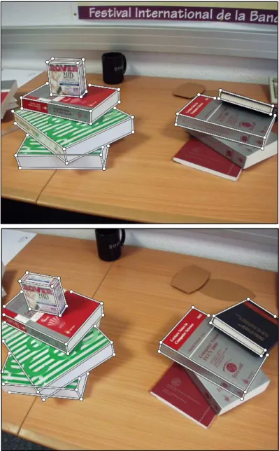 Figure 3: Sample images out of the 5-frame ‘books’ sequence overlaid with manually-provided lines