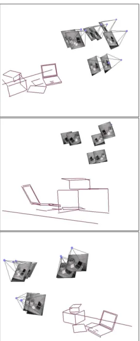 Figure 7: Snapshots of the cameras and lines reconstructed by method MLE for the ‘laptop’ sequence.