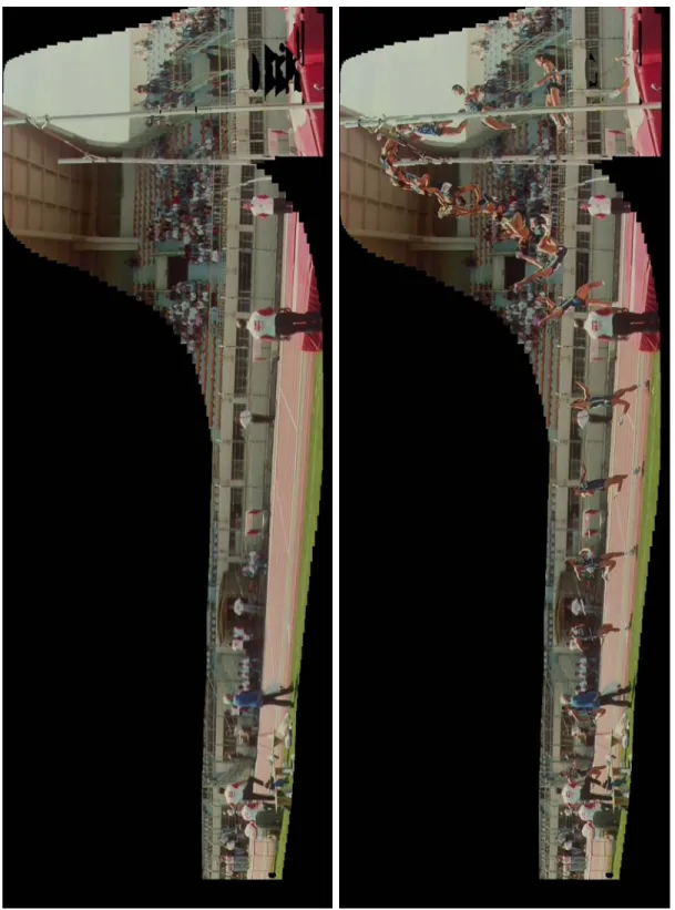 Figure 9: Background and motion panoramas for the pole-vault video sequence.