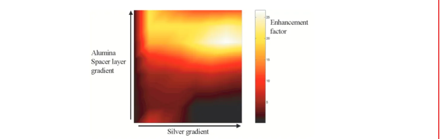 Figure 5. Fluorescence intensity enhancement obtained on a sample with a double alumina and silver gradient covered with 0.05 monolayer of cyanine 3