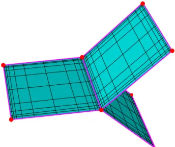 Fig. 7 Simple 3D multi-screen composed of flat polygonal panels (cyan) with highlighted junction line (orange), edges (magenta), and corner points (red)