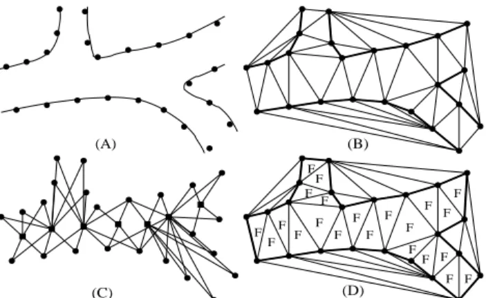 Figure 2. In the 2d case, surfaces, tetrahedra and triangles are re- re-placed by curves, triangles and edges, respectively