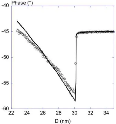FIG. 5: Experimental phase variation (open black circles) versus tip-surface distance and its com- com-parison with theoretical curves deduced from the long relaxation times model, A − 5/2 equ.5  (con-tinous grey line) and the short relaxation times model,