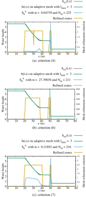 Fig. 9 Numerical results for the water height at time t = 2 s. N m is the mean number of cells used during the simulation.