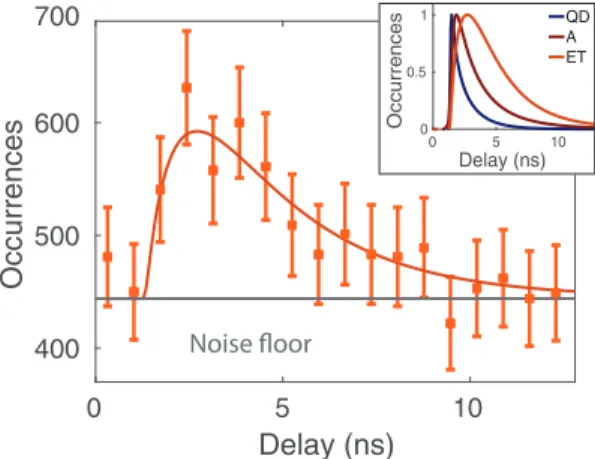 FIG. 3. Measured decay histogram of the acceptor together with the model function (in orange)