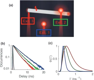FIG. 6. (a) Scheme of the experiment. (b) Measured decay histogram in three different situations: bead not coupled to a nanowire (blue), bead coupled to a nanowire and excited directly by the laser (green), same bead excited by a surface plasmon launched b
